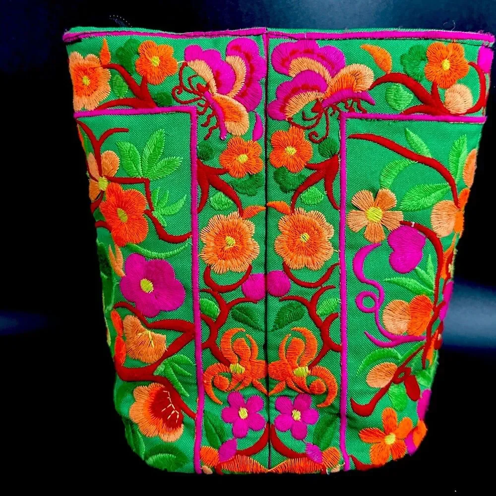 Thai Hmong Embroidered Cosmetic Bag Peony Floral Makeup Pouch 8” Boho Travel